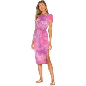 Lovers + Friends Dress Womens Large Pink Brooklyn Tie Dye Midi Side Slit Stretch